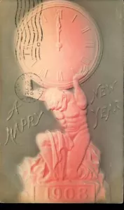 Reloj Feliz Año Nuevo Aerografiado Repujado 1908 Postal Año Nuevo - Imagen 1 de 2