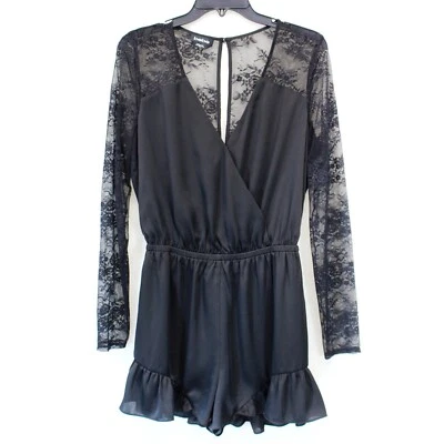 Mono BEBE Negro Encaje Volantes Satinado Mameluco Caprichoso Gótico Y2K Mediano Foto 1 de 4