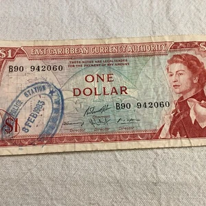 Billete de un dólar del Caribe Oriental 1965 circular estampado policía - Imagen 1 de 4