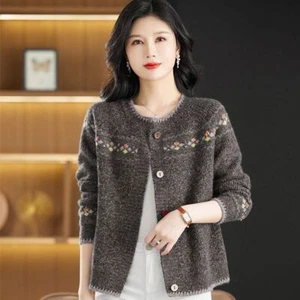 Women Knitted Cardigan Jacquard Faux Cashmere Sweater Jumper Outerwear Button - Picture 1 of 12