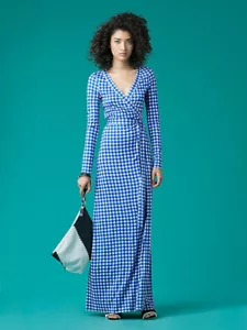 Maxi abito lungo DIANE VON FURSTENBERG blu bianco seta quadri gingham avvolgente 8 - Foto 1 di 4