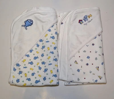 Baby Receiving Blanket Set Of 2  Hooded 9M Cotton Blue Yellow Fish & Dogs Life  - Image 1 of 4