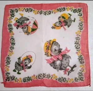 VTG NEW Never Used Crisp Playful GreyDuck On Pink White Handkerchief 50s 1960s - Picture 1 of 5
