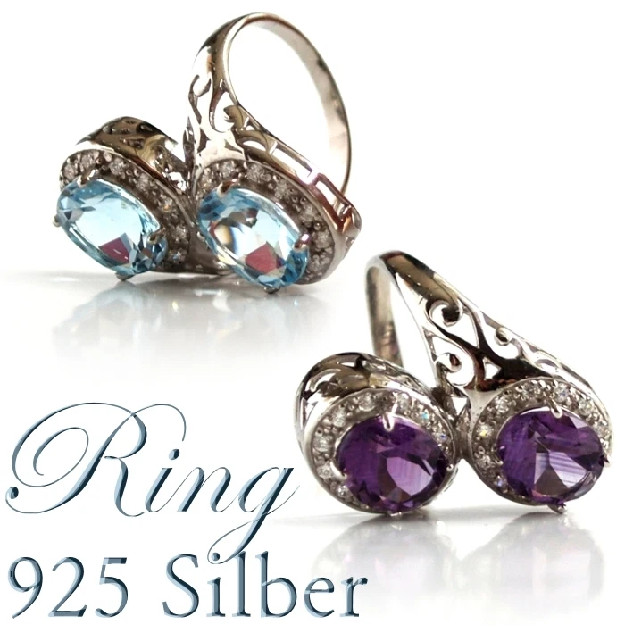 RING 925 Silber FUNKELND Aquamarin od. Amethyst Edelsteine großer Cocktailring - Bild 1 von 1