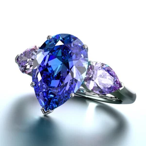 Anillo de banda de circonita cúbica AAA azul corte pera de 8 * 10 mm para mujer anillo púrpura de plata 925 talla 6-10 - Imagen 1 de 10