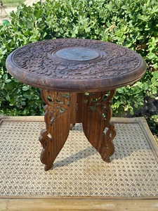 Vintage Carved Wood Table + Base India Small Ornate Floral 13” Tall 11.5” Wide - Picture 1 of 9