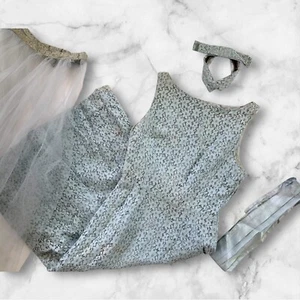Vtg 1950s Bridesmaid Wedding Dress Blue Lace Small W/Belt Headband & Veil OOAK - Picture 1 of 19