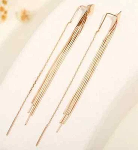 Pure 18K Rose Gold Women Gift O Link Snake Chain Tassel Dangle Earrings 3.95g - Picture 1 of 6