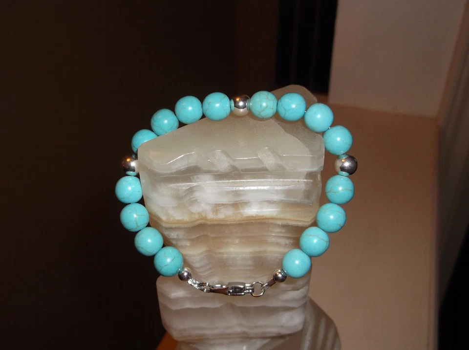 PULSERA HOMBRE 10 MM 8 1/2" AZUL TURQUESA PLATA ESTERLINA CUENTAS Foto 1 de 1