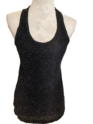 Camiseta sin mangas BKE Racerback, pequeña negra semi transparente encaje brillante ajustada cuchara brillante Foto 1 de 4