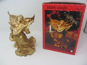 Vintage Sears Resin Angel Figurine Gold Christmas Playing The Lute Banjo - Picture 1 of 11