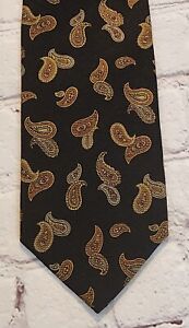 Seigo Vintage Silk Tie Black Brown Yellow Paisley Print 
