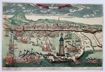BARCELONA SPAIN c. 1739 Pierre AVELINE UNUSUAL LARGE ANTIQUE VIEW 18TH CENTURY - Imagem 1 de 4