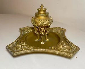 antique ornate 1800's Victorian gilt bronze griffin brass desk inkwell stand jar - Picture 1 of 17