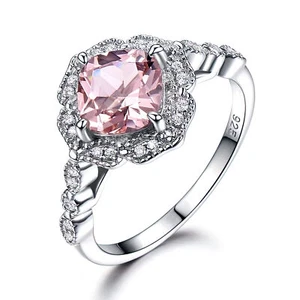 3.144 CT Cushion Pink Lab Created Nano Morganite Halo Ring White 925 Silver - Picture 1 of 5
