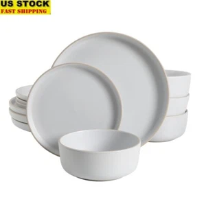 12-Piece Dinnerware Set Stackable Plates Bowls Microwave Dishwasher Safe White - Picture 1 of 10