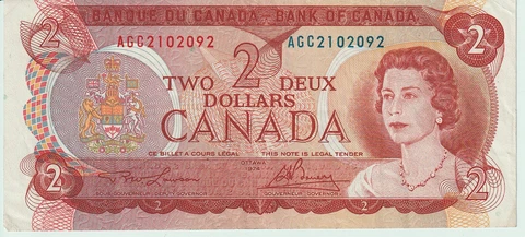 1974 Canada 2 Dollars Banknote - P# 86a - Lawson / Bouey - Fine - # 29726 Cover