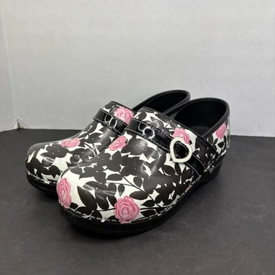 Sanita Shoes Womens Size 7 EU 38 Black White Pink Rose Floral Clogs Heart Buckle - Image 1 of 4