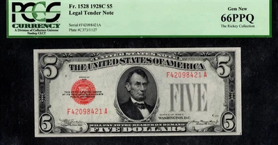 $5 1928-C Legal Tender, Fr. 1528 F-A Block STUNNING RED SEAL PCGS Gem New 66 PPQ - Image 1 of 2
