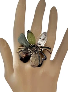 2" Diameter Antique Gold Tone Flower Everyday Fun Statement Stretchable Ring - Picture 1 of 4