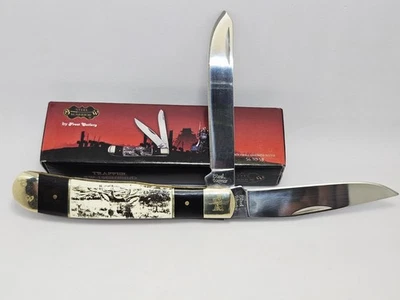 Frost Cutlery Large Trapper Steel Warrior Folder Knife buck scrimshaw - Image 1 of 4