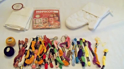 Vintage Stitching Needlework Lot Embroidery Floss Towels Oven Glove Pillow Cover - Image 1 of 4