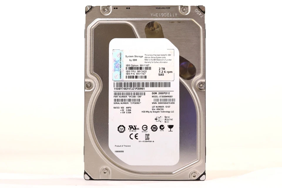 IBM ST2000NM0001 2TB 3.5" 6Gb/s 7.2K RPM SAS Drive FRU P/N: 98Y2420 Tested - Image 1 of 2
