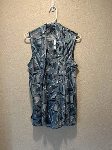 Nine West Blouse Blue Geometric Sleeveless W/Long Ties, Flowy Silky Size XL NWT - Picture 1 of 16