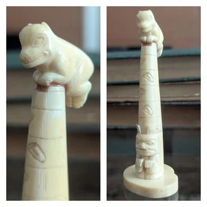 Vtg Carved Pacific Northwest Bovine Totem Pole Netsuke Folk Art Sculpture Statue - Picture 1 of 21