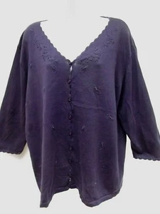 KathieLee cardigan sweater purple 22W 24W lightweight scallop embroid bead MINT  - Picture 1 of 5