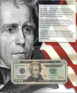 2004 $20 CLEVELAND FRN UNCIRCULATED Banknote in BEP folder LOW Serial # 00000977 - Picture 1 of 3