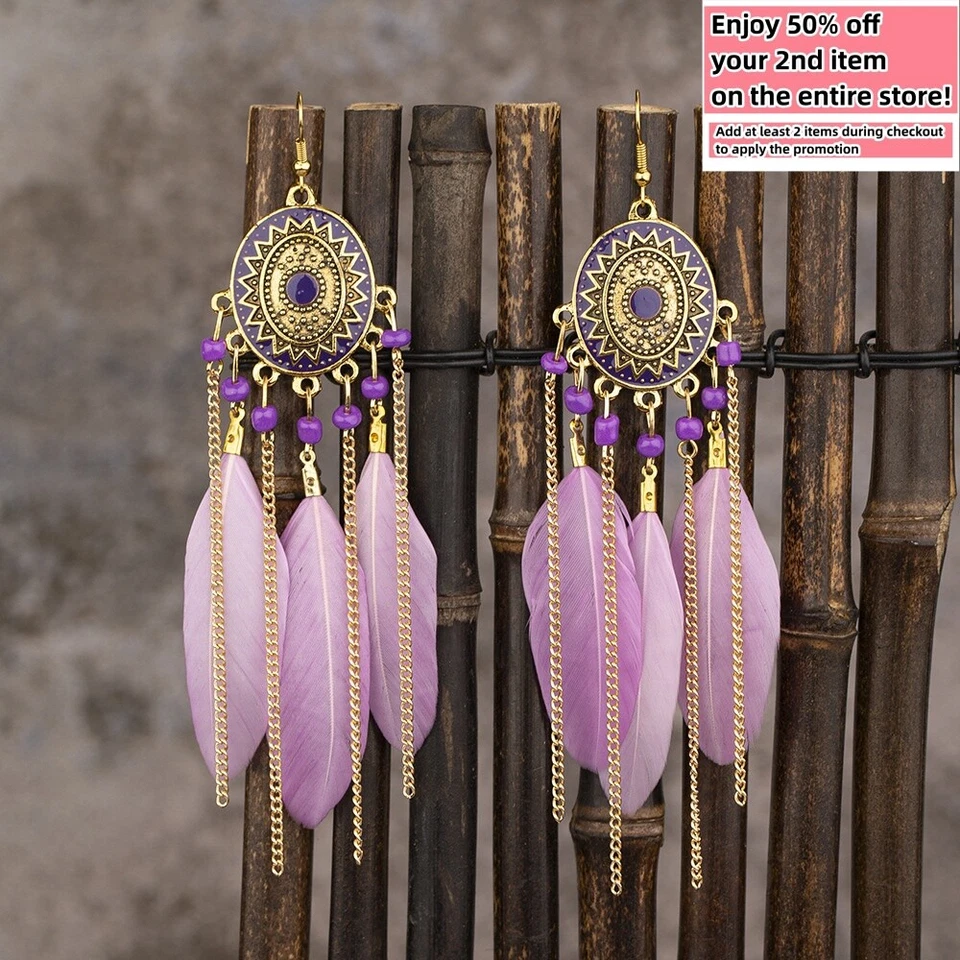 Pendientes BOHO Pluma Cuentas Flecos Borla Bohemio Étnico Cuelga Gota Hechos a Mano Foto 1 de 4