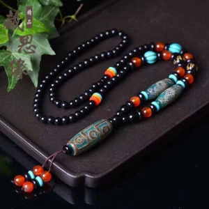 Collana con ciondolo perle Dzi tibetane nove occhi tre occhi agata corniola amuleto - Foto 1 di 6