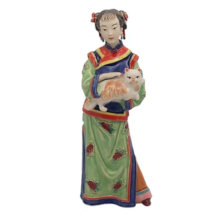 Vintage Chinese Shiwan Wucai Porcelain Figurine Lady With Cat Signed Painted 8.5 - Picture 1 of 24