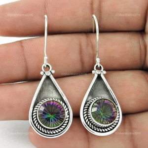 Round Natural Mystic Topaz 925 Sterling Silver Wife Dangle Drop Earrings Jewelry - Bild 1 von 5
