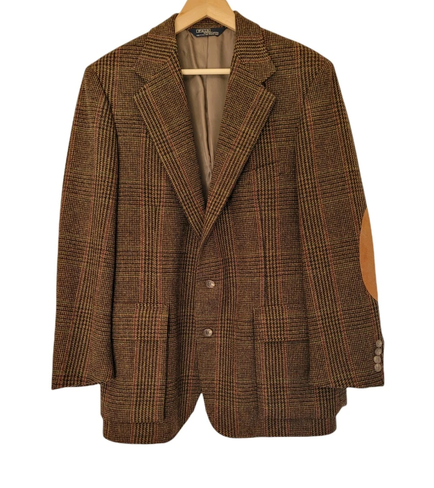 Vtg Polo Ralph Lauren Glen Plaid Wool Tweed Leather Elbow Patched Jacket  42 R - Image 1 of 4
