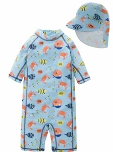 Kid Boys Chic Animals Printed One-Piece Rash Guard with Sun Hat 2pcs Swimsuit Po - Picture 1 of 9