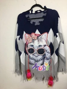 H. Sa Autumn Winter Women Oversized Sweater Cartoon Cats Frayed Edges Long - Picture 1 of 2