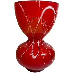 BX Glass Blown Vase Red White Cased Abstract Design Hourglass 9.75" Christmas - Picture 1 of 11