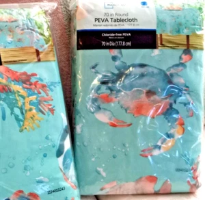 SEA LIFE TISCHDECKE 70 Zoll Rund Strand Aqua PEVA Tischdecke Fisch Koralle Krabbe USA - Bild 1 von 3