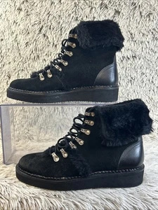 Very Volatile Los Angeles Black Leather Suede Lace Up Combat Boots Gr. 7 Faux Fur - Bild 1 von 8