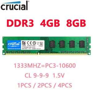 Crucial DDR3 4GB 8GB 1333MHZ PC3-10600 Desktop RAM Memory DIMM 1.5V 240Pin - Picture 1 of 14