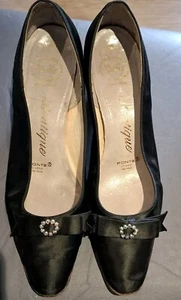 Bally Vintage Black Satin 50/60's Diamante bow Evening Shoes 40? Boutique Ponte - Picture 1 of 16