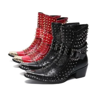 Herren Punk Leder Cowboy Stiefeletten Gummi Metall spitz zulaufende Schnalle Nieten Schuhe - Bild 1 von 13