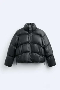 New Zara Cropped Faux Leather Puffer Jacket Black S 5320/343 coat winter sweater - Picture 1 of 9