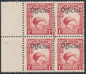 NEW ZEALAND - 1936 1d scarlet Kiwi block with cracked plate, o/p OFFICIAL, MNH - Picture 1 of 3