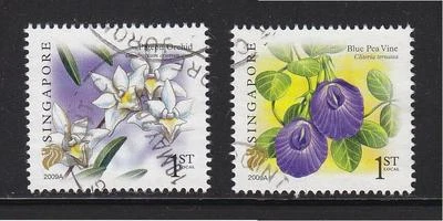 SINGAPORE 2009 BLUE PEA VINE & PIGEON ORCHID (2009A) 1ST LOCAL GUM 2 STAMPS USED - Image 1 of 3