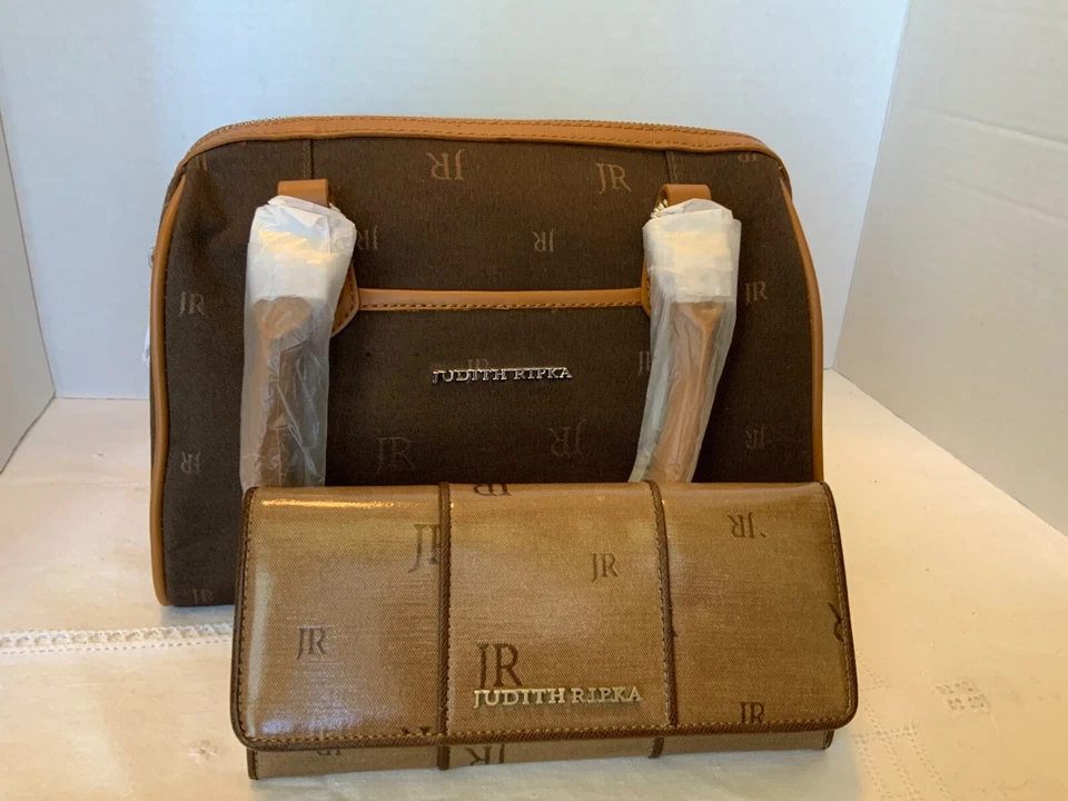 New Vintage Judith Ripka Brown Signature Fabric Satchel Handbag matching Wallet - Image 1 of 4