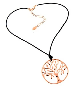 Lagenlook Neckklace Black Leather Cord & Rose Gold Tree of Life Pendant Choker - Picture 1 of 1