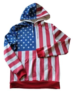 Hooded Sweatshirt Women's Hoodie USA Flag Patriotic Pullover Blue Red Sz L - Picture 1 of 4